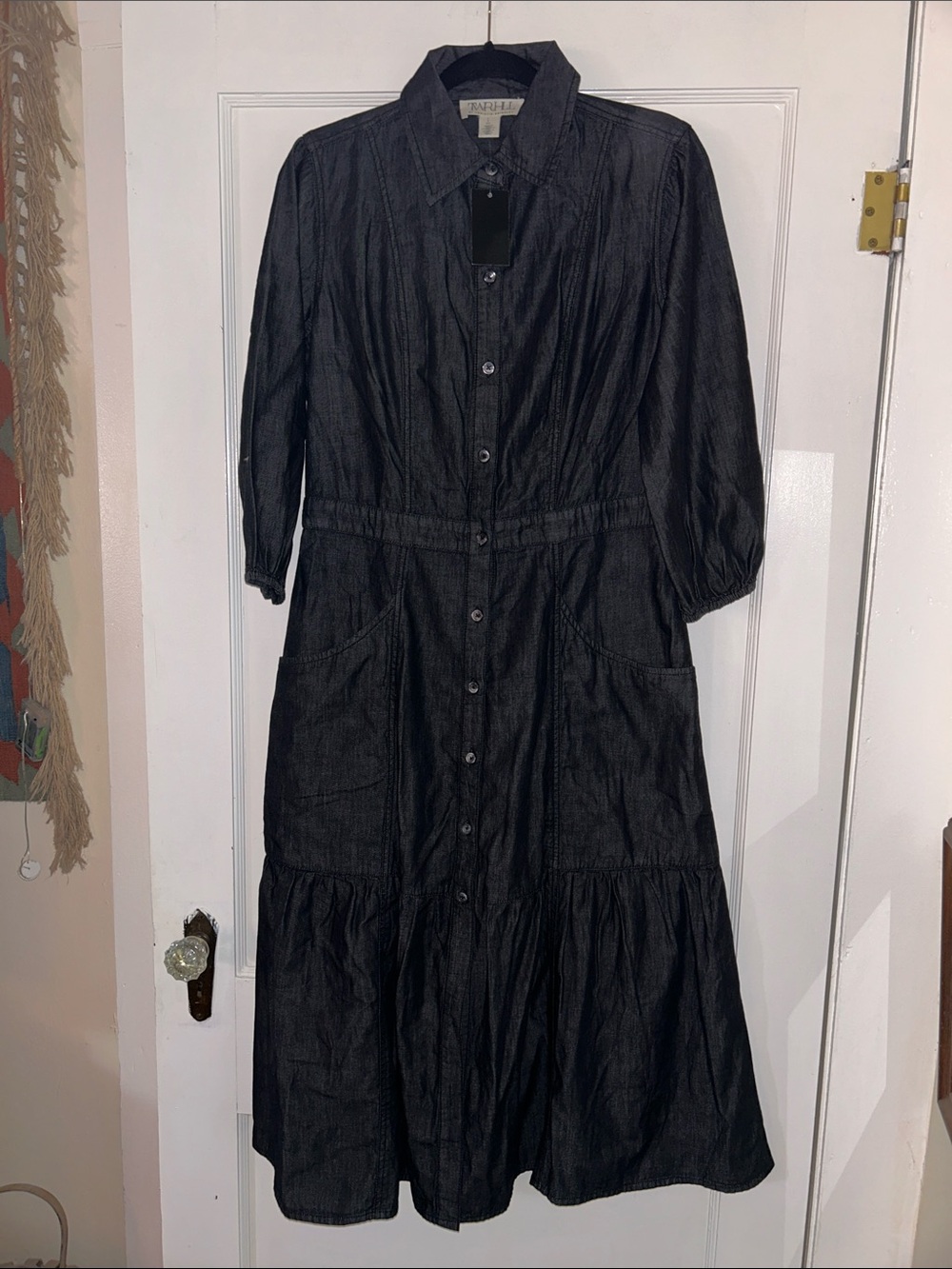 Button-Front Black Midi Dress with Pockets